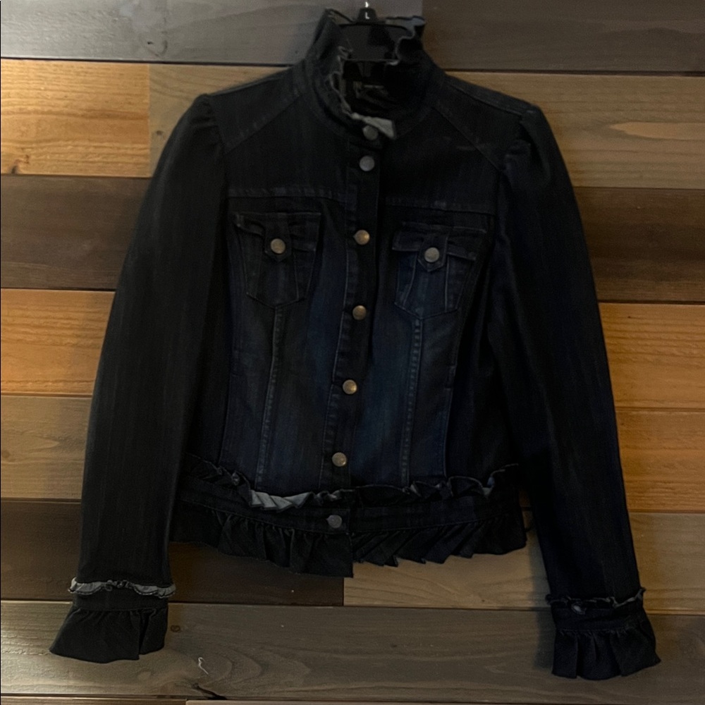INC International Concepts Dark Denim Jacket with Ruffle Trim